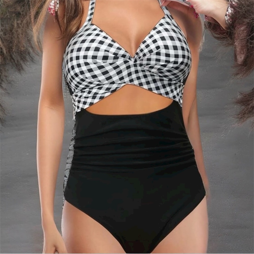 Cupshe One Piece Bathing Suite Black and White High Waste Cutout Tie Back L New